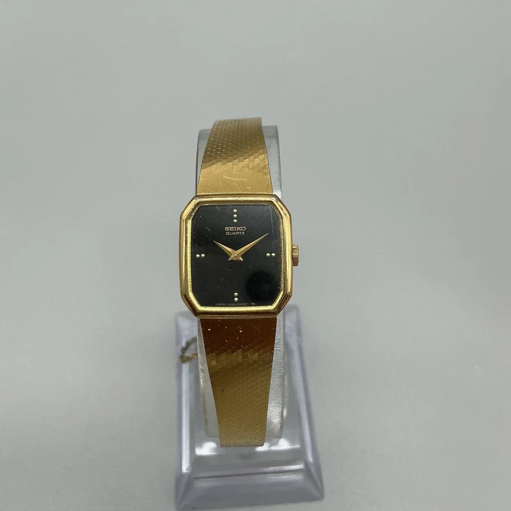 Vintage Seiko Womens Watch 18mm Black Dial Gold Tone 1400-8080 New Battery 6.5